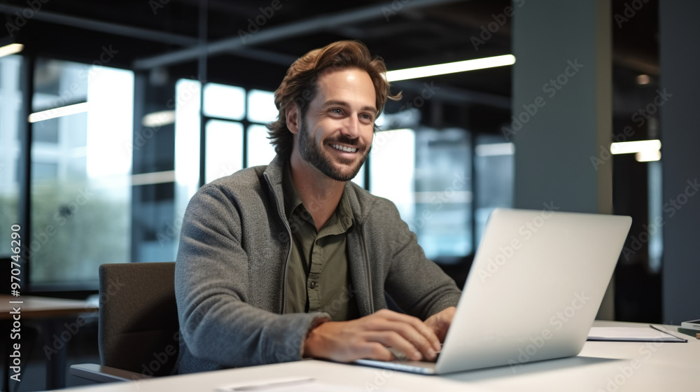 A smiling man is sitting at his desk in an office, working on a laptop. A smiling man is sitting at his desk in an office, working on a laptop.