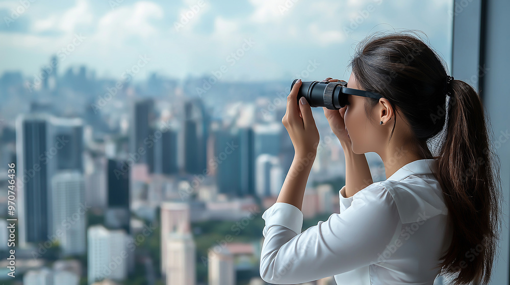 Businesswoman Surveys Cityscape from Flying Paper Airplane with Binoculars Concept of Business Businesswoman Surveys Cityscape from Flying Paper Airplane with Binoculars Concept of Business