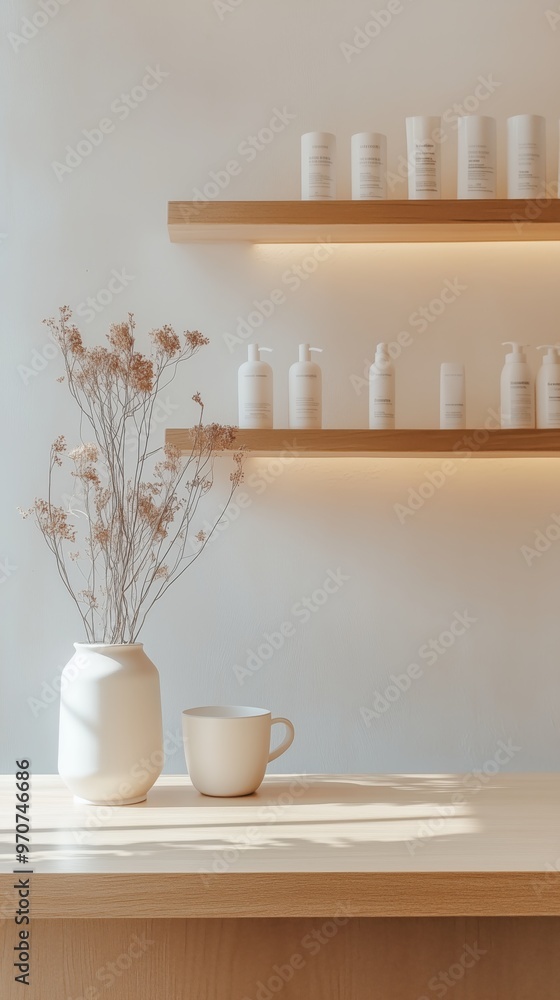 Bright and minimalistic skincare display with flowers on a wooden table in a cozy setting Bright and minimalistic skincare display with flowers on a wooden table in a cozy setting