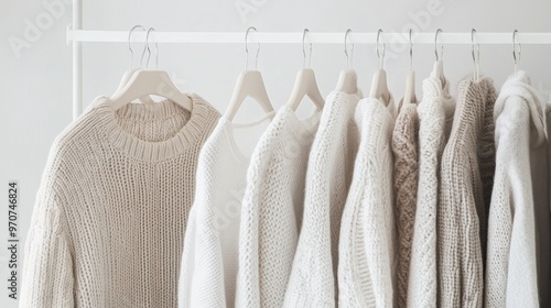 Beige and white fashion Clothes on a clothing hanger,knitwear and hoodies on hangers,Minimal fashion clothes on a rack,Fashion blog, website, social media,store in shopping mall,sale online.