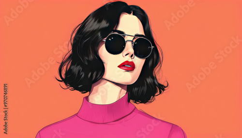 Wallpaper Mural A chic portrait of a woman with wavy black hair and bold red lips, wearing stylish sunglasses and a pink turtleneck, set against a vibrant orange background. Torontodigital.ca