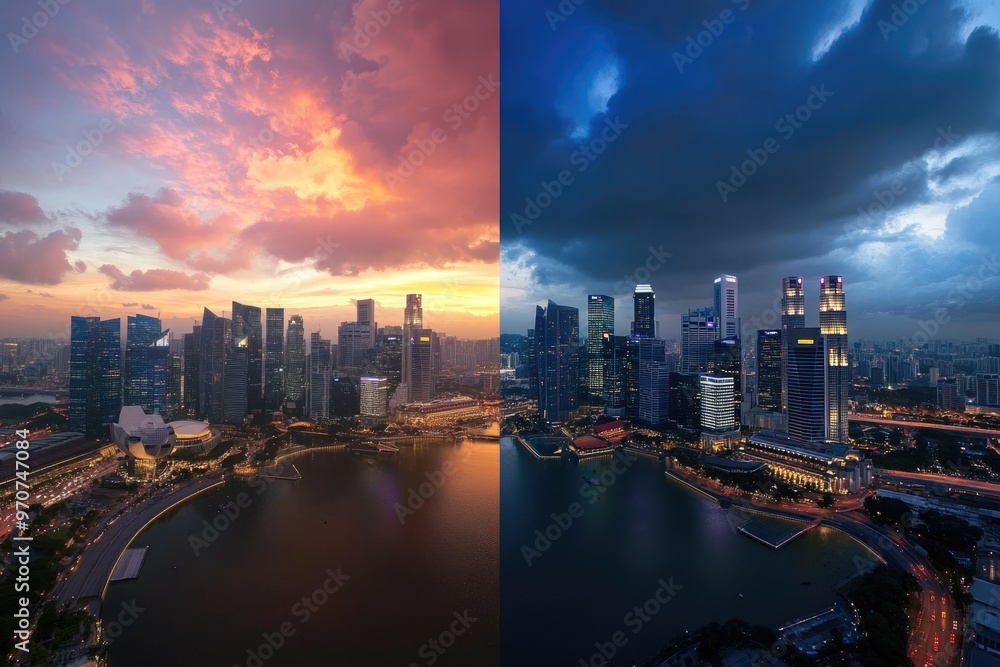 4 Moments of Sunset Downtown Singapore skyline day to night 4 Moments of Sunset Downtown Singapore skyline day to night