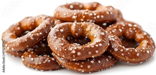 a pile of pretzels with white specks. 