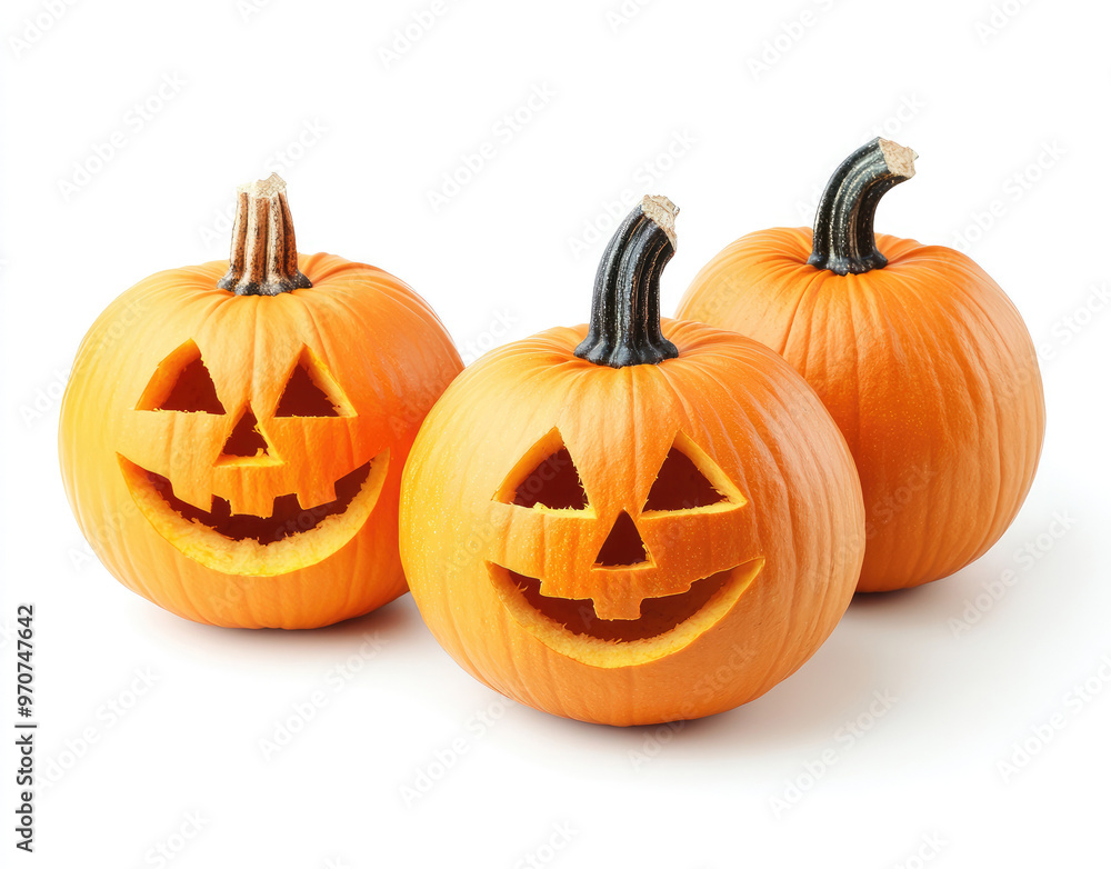 three carved jack-o'-lantern pumpkins with smiling faces, isolated on a white background. The vibrant orange color and simple designs give a cheerful Halloween vibe three carved jack-o'-lantern pumpkins with smiling faces, isolated on a white background. The vibrant orange color and simple designs give a cheerful Halloween vibe