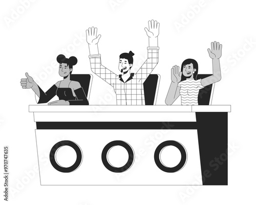 Talent show judges react excitedly at panel table black and white 2D line characters. Audition jury diverse adults isolated vector outline people. Contest moderators. Monochromatic spot illustration