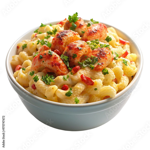 A dish of lobster mac and cheese isolated on transparent background.