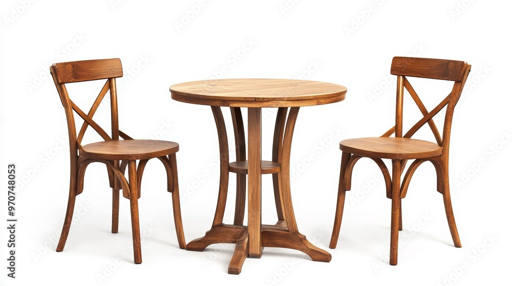 Set of wooden tables and chairs used in restaurants or cafes isolated on white background Set of wooden tables and chairs used in restaurants or cafes isolated on white background