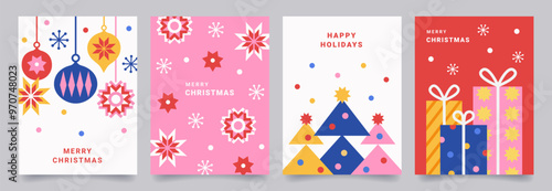 Merry Christmas poster or greeting card set. Trendy minimalist design with Christmas tree decorations, gifts, snowflakes, stars. Vector template for banner, holiday cover.