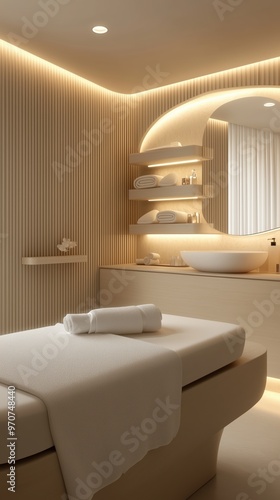Serene spa interior with soft lighting and a massage table designed for relaxation experience