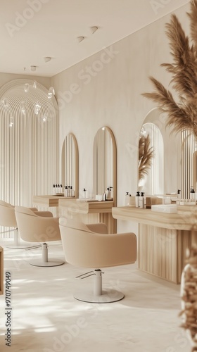 Stylish hair salon interior with modern design featuring elegant mirrors and warm lighting