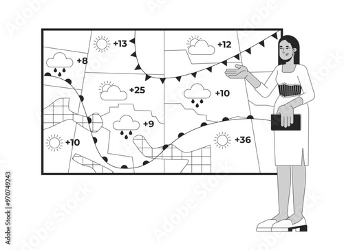 Weather presenter woman forecasting precipitations, temperature black and white 2D line character. Female meteorologist reporting news isolated vector outline person. Monochromatic spot illustration