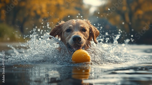 Golden retriever swimming in the water, playfully fetching an orange ball, with splashes all around, capturing a fun outdoor moment.