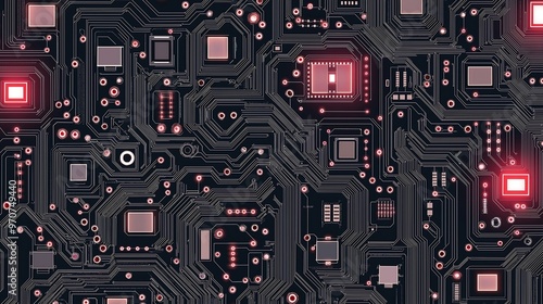 Computer motherboard pattern, circuit board, intricate circuitry motif, soldered connections, electronic components, creating dynamic and interconnected tile design, illustration photo