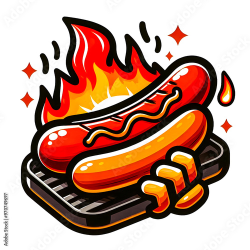 A sizzling hotdog on a grill with flames rising from underneath a vector art illustration on a white background.
 photo