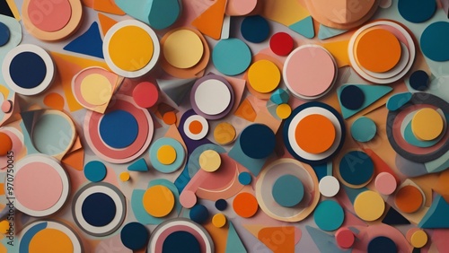 Create an abstract background with overlapping colorful circles, triangles, and squares.