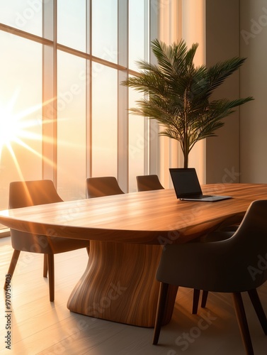 Modern conference room bathed in natural sunlight, featuring a sleek wooden table, chairs, a laptop, and a large plant by the window. photo