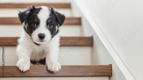 Black and white puppy gets ready to climb steep stairs photo