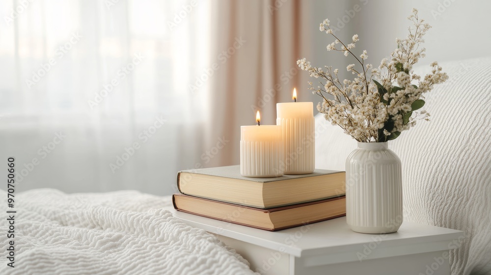 Hardcover books and scented candles on white bedside table in bedroom Hardcover books and scented candles on white bedside table in bedroom