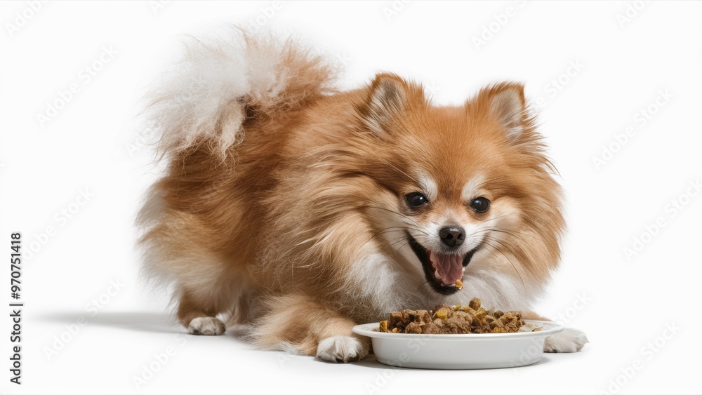 Close-Up of a Pomeranian Eating from Its Food Dish – Tiny and Tasty Close-Up of a Pomeranian Eating from Its Food Dish – Tiny and Tasty