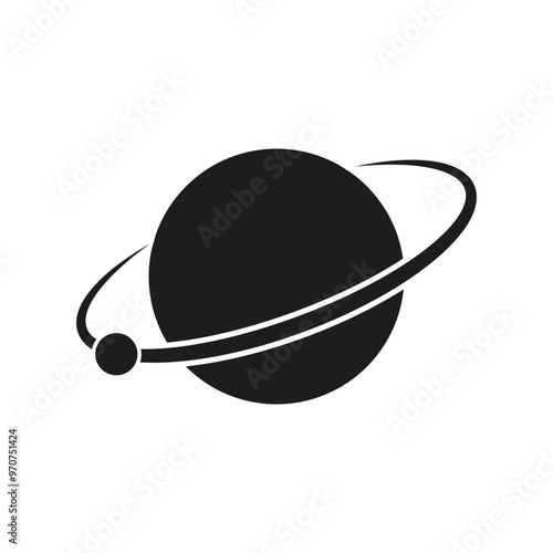 Planet with rings icon. Celestial body graphic. Simplified Saturn-like symbol. Black and white vector.
