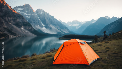 A bright orange tent pitched on a grassy field next to a lake in a beautiful mountain landscape