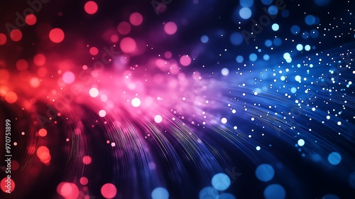 Abstract Fiber Optics Network Concept - Close-up of glowing fiber optics cables with vibrant blue and red bokeh lights symbolizing connectivity