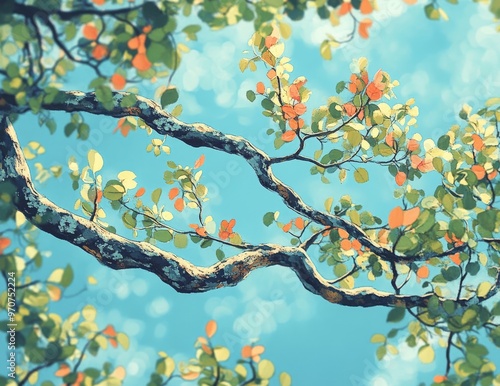 Rama de árbol con hojas verdes y naranjas contra un cielo azul, mostrando el cambio de estación y la belleza natural.