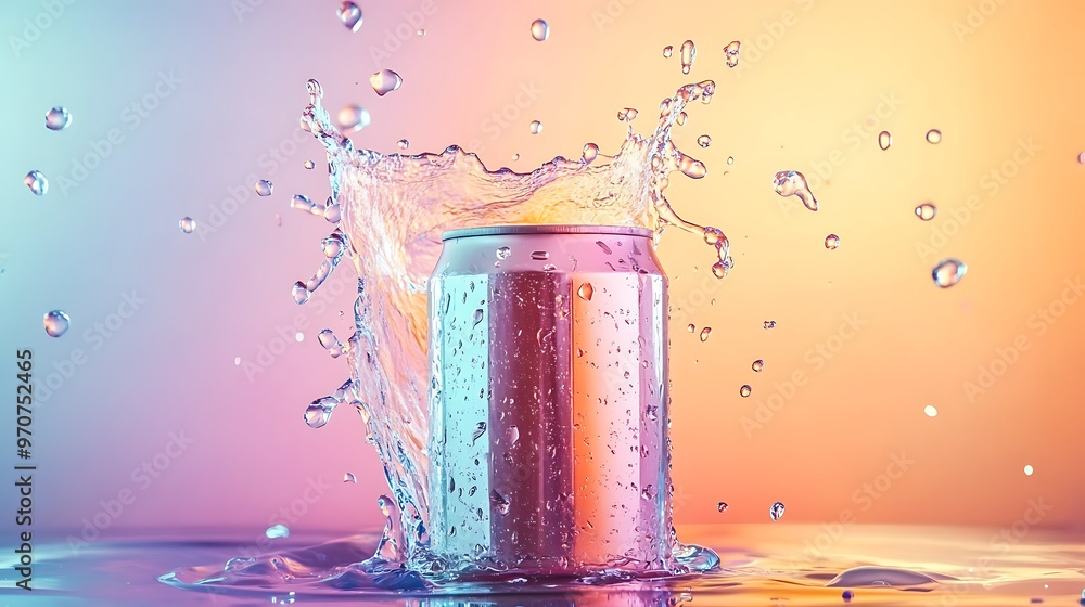 Drink can with splash of liquid on pastel background Drink can with splash of liquid on pastel background