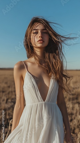 Young woman in a flowing white dress stands in an open field under a clear blue sky