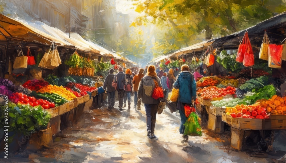 Naklejka premium Mercado al aire libre lleno de frutas y verduras frescas, con personas paseando entre los puestos bajo la suave luz del sol