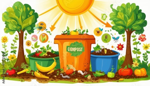 Ilustración de compostaje con vegetales, frutas y desechos orgánicos en un jardín, rodeado de árboles y bajo la luz del sol.