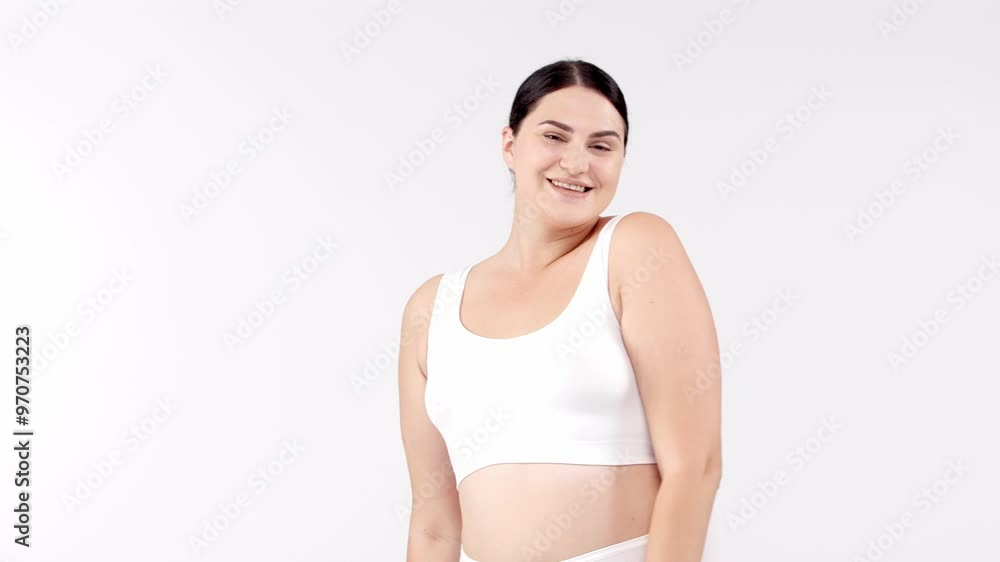 Attractive and cheerful woman dancing on a white background. Perfect for promoting body positivity, fitness, and weight loss, inspiring an active and healthy lifestyle. Attractive and cheerful woman dancing on a white background. Perfect for promoting body positivity, fitness, and weight loss, inspiring an active and healthy lifestyle.