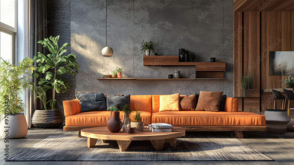 A modern living room with a comfortable sofa and furniture made from natural wood. This is a computer-generated image. A modern living room with a comfortable sofa and furniture made from natural wood. This is a computer-generated image.