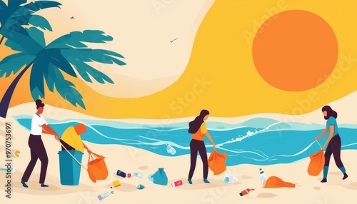 Ilustración de un grupo de personas limpiando la playa al atardecer, recogiendo basura cerca del océano bajo el cálido sol. photo