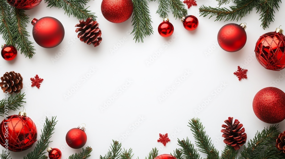 Merry Christmas and Happy Holidays greeting card frame banner. New Year. Noel. Red Christmas ornaments on white background top view. Winter holiday xmas theme. Flat lay. Merry Christmas and Happy Holidays greeting card frame banner. New Year. Noel. Red Christmas ornaments on white background top view. Winter holiday xmas theme. Flat lay.