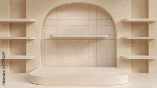 Shelf Beige Shelves Empty Bookshelf Wall 3d Isolated Display Background Stage Product Floor Pastel Shadow Brick Marble Mockup Store Supermarket Retail Rack Shop Market Cream Room Podium Stand Bg. photo