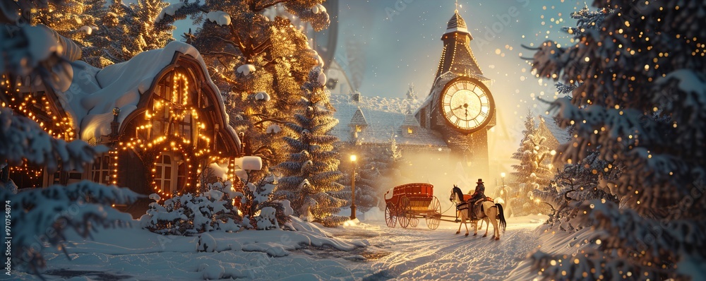 Fototapeta premium A snowy village scene with a large clock tower, its face lit up by warm golden lights, and a horse-drawn sleigh gliding through the snow.