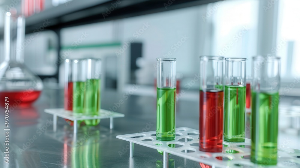 Vibrant Chemistry Experiment, showcasing green and red liquids in test tubes, set in a sleek, contemporary laboratory filled with advanced scientific equipment Vibrant Chemistry Experiment, showcasing green and red liquids in test tubes, set in a sleek, contemporary laboratory filled with advanced scientific equipment