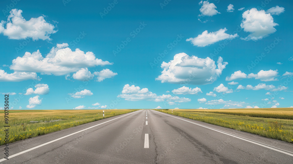 Naklejka premium Vibrant Highway Scene, expansive road stretching under a brilliant blue sky, fluffy white clouds drifting above, evoking a sense of freedom and adventure