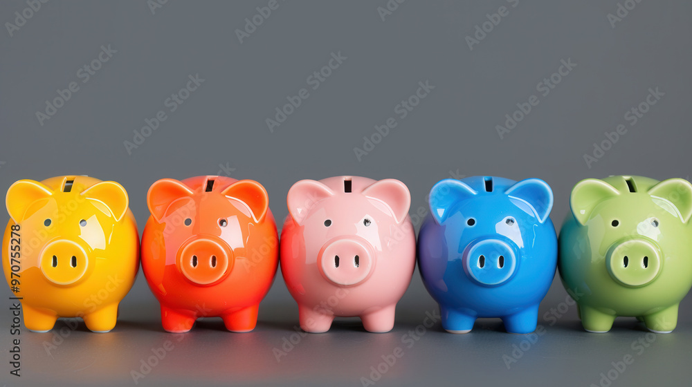 Colorful piggy banks aligned, symbolizing diverse saving options, representing financial diversity, inviting promotional text for savings awareness campaigns Colorful piggy banks aligned, symbolizing diverse saving options, representing financial diversity, inviting promotional text for savings awareness campaigns