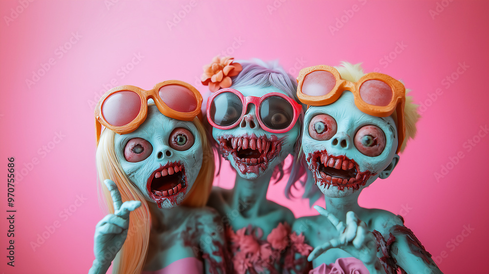 3D clay cute Halloween day party , Zombie Dracula witch doing selfie studio shot . 3D clay cute Halloween day party , Zombie Dracula witch doing selfie studio shot .