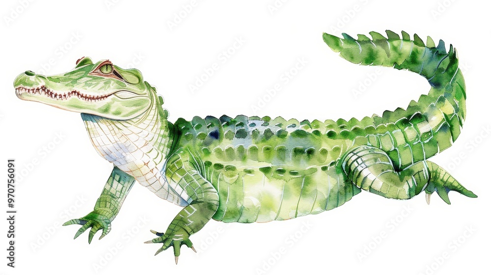 Charming Watercolor Crocodile Illustration, featuring a gentle pose and soft details, perfect for baby shower themes, with ample space for text on a white background.