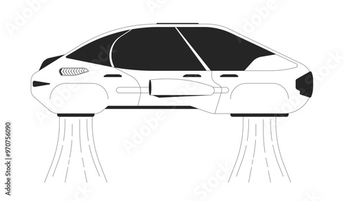 Flying car driverless black and white 2D line object. Futuristic transport. Futurism autonomous vehicle isolated clip art vector outline item. Future transportation. Monochromatic spot illustration
