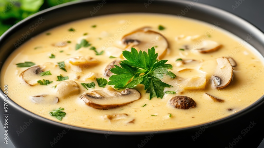 Creamy mushroom soup garnished with fresh parsley and sliced mushrooms in a black bowl. A warm, comforting dish for cold weather. Creamy mushroom soup garnished with fresh parsley and sliced mushrooms in a black bowl. A warm, comforting dish for cold weather.