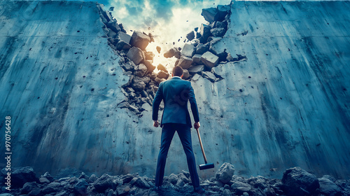 Ambitious businessman never give up broke wall of complex problems .