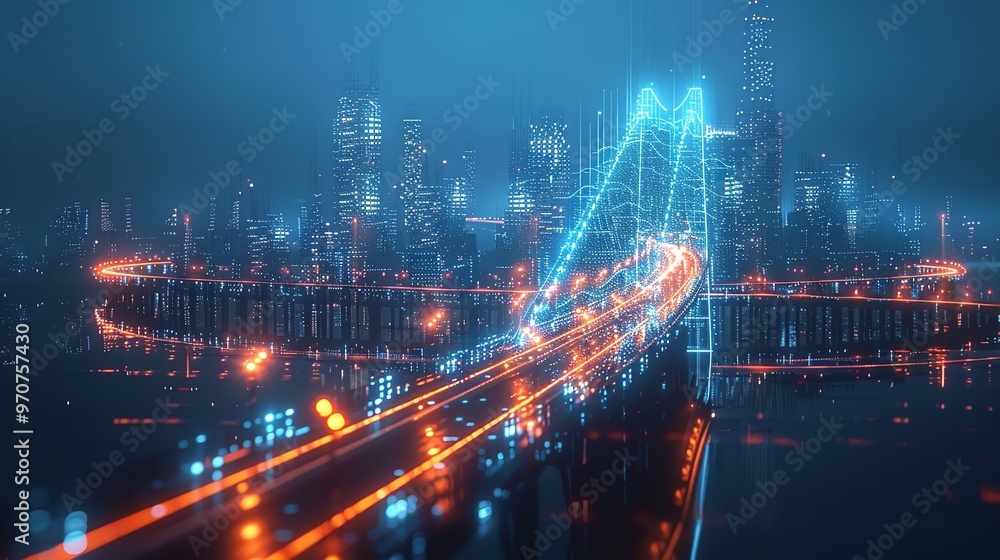 Abstract smart city lights by night river bridge network Abstract smart city lights by night river bridge network