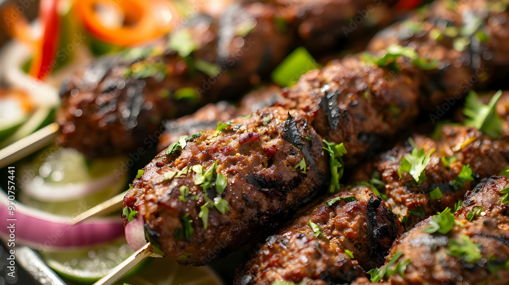 Delicious Grilled Kofta Kebabs Photo with Fresh Herbs and Spices Delicious Grilled Kofta Kebabs Photo with Fresh Herbs and Spices