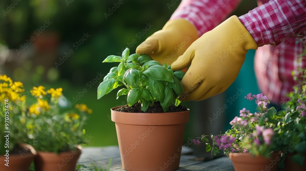 Woman with gardening glove planting basil herb plant into flower pot on table in garden Woman with gardening glove planting basil herb plant into flower pot on table in garden
