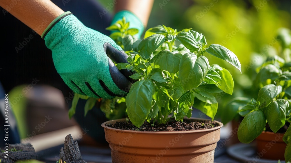 Woman with gardening glove planting basil herb plant into flower pot on table in garden Woman with gardening glove planting basil herb plant into flower pot on table in garden