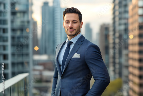 Successful Real Estate Agent with Urban Skyline Background 